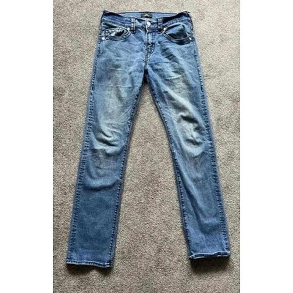 True Religion Ricky Relaxed Straight Jeans Mens 31 Blue Denim Distressed